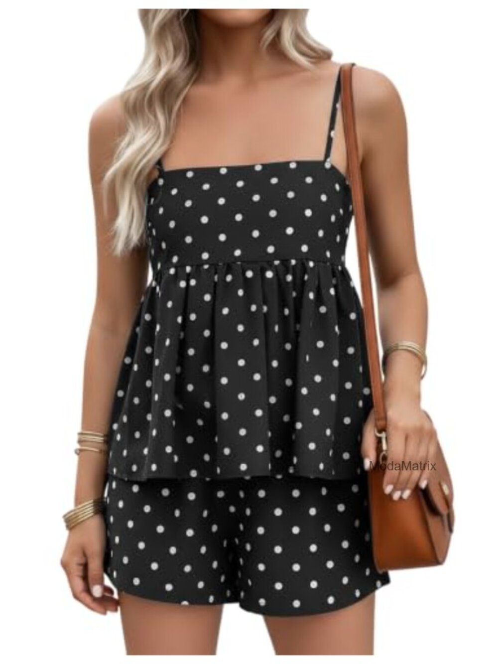 Polka Dot Square Neck Babydoll Top High Waist Shorts 2 Piece Set Pockets